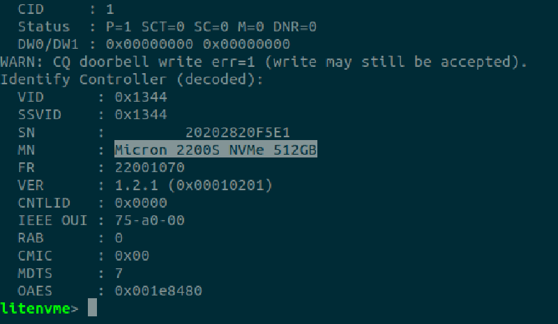 NVMe Identify output on the LiteNVMe firmware console
