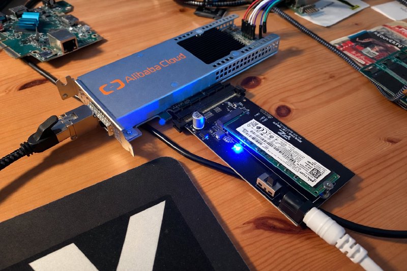 An Alibaba Cloud KU3P FPGA card driving a Micron NVMe SSD over PCIe, controlled over Ethernet