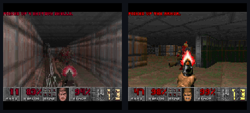 Two Doom frames side by side: on the left the Chromatic LCD captured over USB, on the right a demo frame rendered by the same SoC firmware in litex_sim and dumped from the simulated LCD