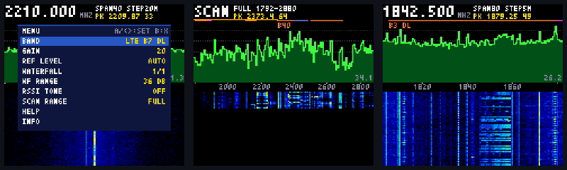 Three 160x144 screens of the console SDR application: the menu with band presets and settings, a band scan of the full tuning range, and the spectrum and waterfall on the LTE band 3 downlink preset at 1842.5 MHz with an 80 MHz span