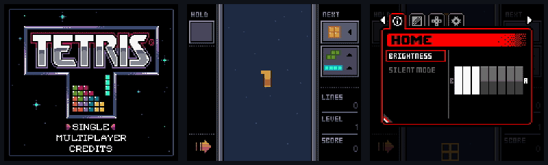 Three 160x144 screen captures taken over USB: the Tetris title screen, a Tetris game in progress, and the ESP32 on-screen menu with brightness settings drawn over the game
