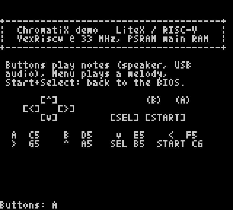 The Chromatic LCD showing a LiteX firmware demo: VexRiscv at 33 MHz, PSRAM main RAM, and a button to musical note mapping