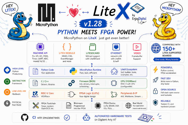 MicroPython on LiteX banner: Python meets FPGA power, MicroPython 1.28, with the machine and litex APIs, LiteSDCard, Ethernet and Video, over a high-level-to-physical layer stack on a RISC-V softcore