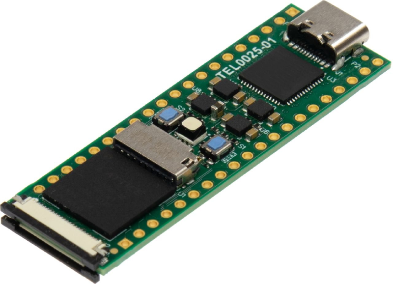 The DIPSY-40NX board: a small DIP-form-factor module with TEL0025-01 printed on the silkscreen, a USB-C connector, an SD card slot, a camera FFC connector, the Certus-NX FPGA and the HyperRAM